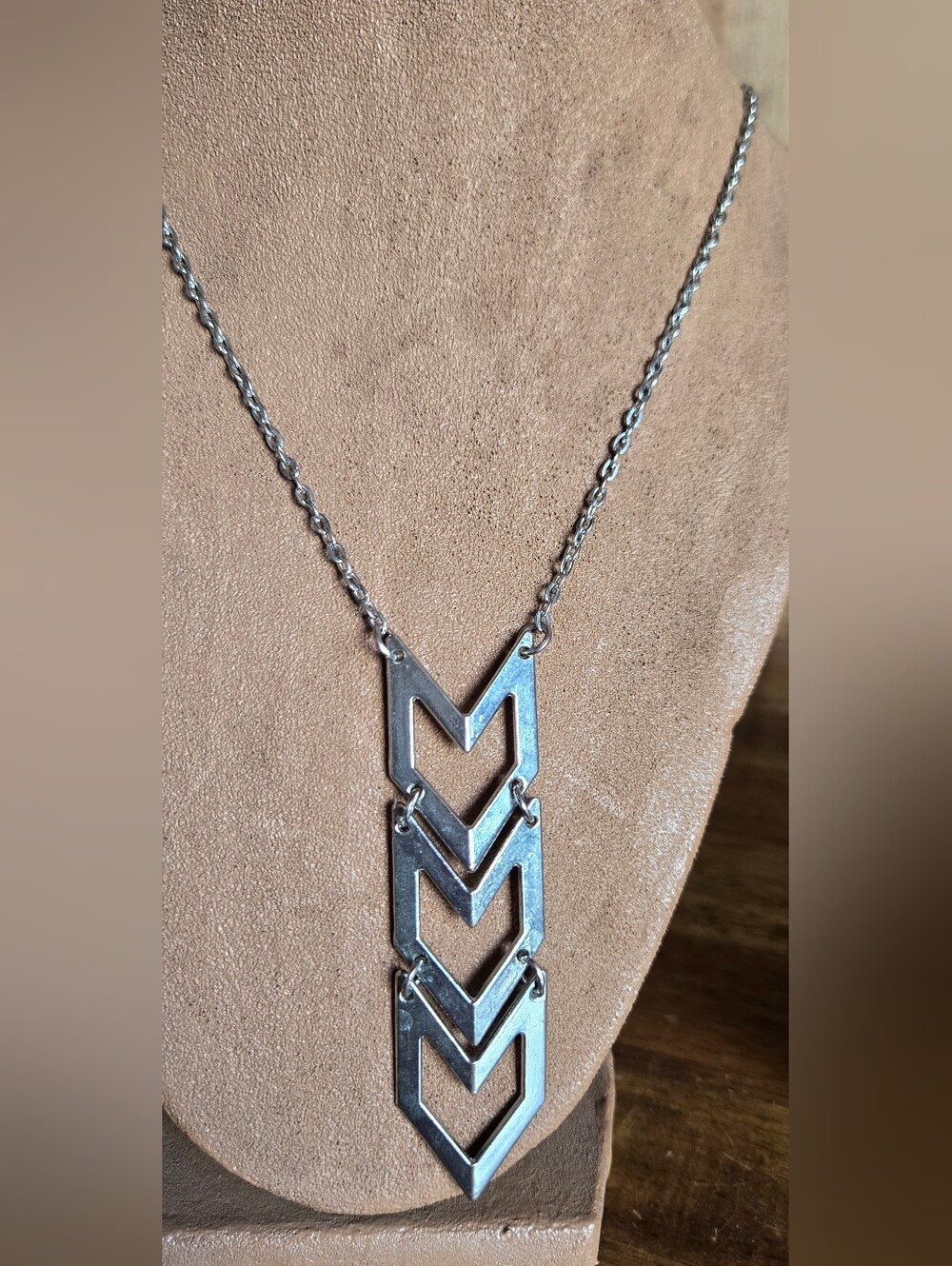 Silver Tone Geometric Chevron Statement Necklace 30" Long Arrow Pendant
